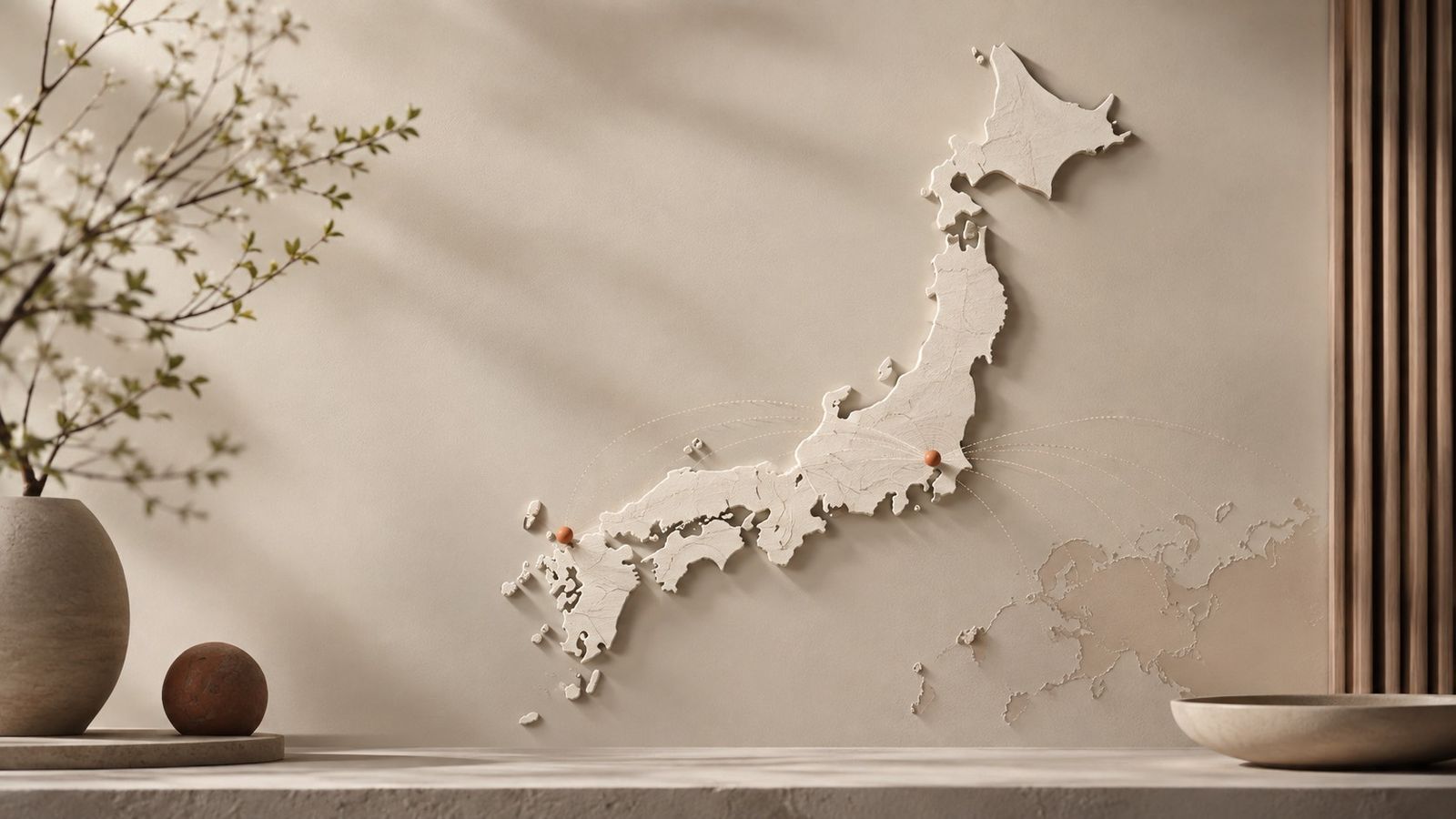 日本地図のレリーフ。福岡と東京に印